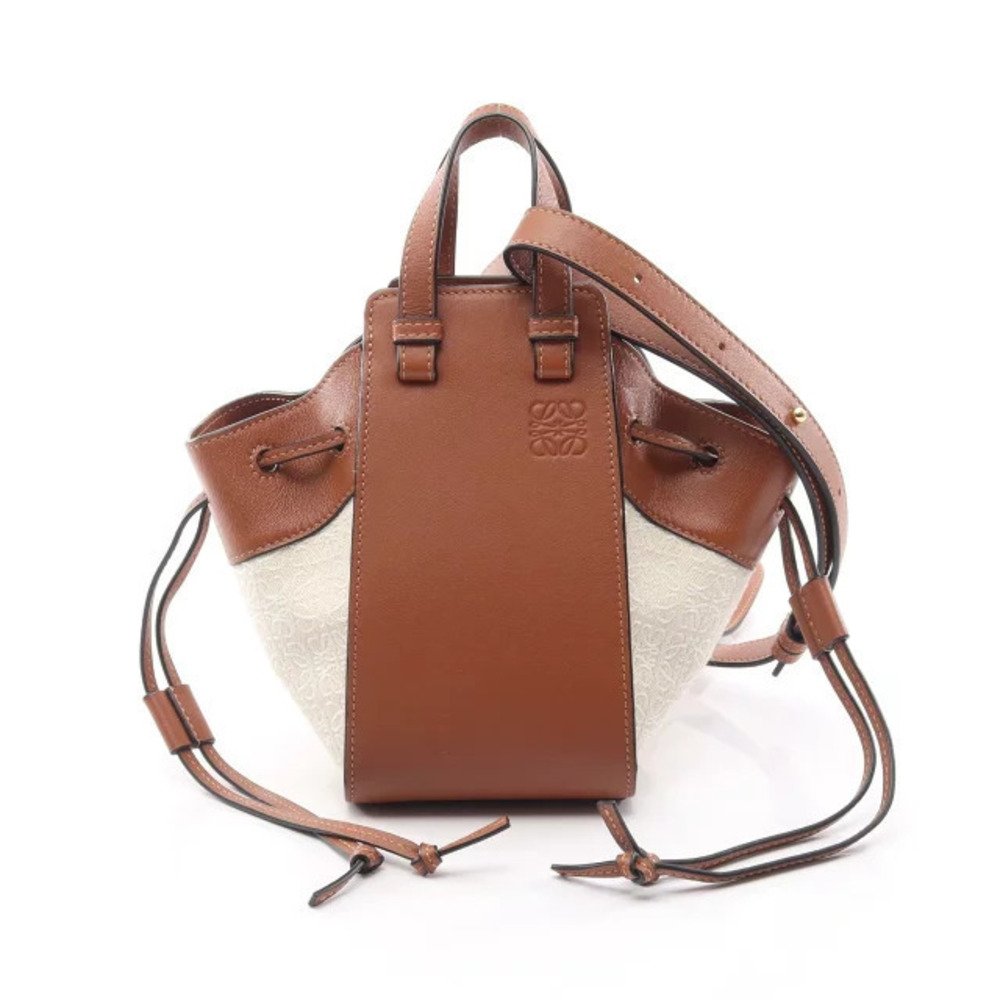 Loewe Hammock Drawstring Anagram Top Handle Bag Canvas Leather Ivory White Brown